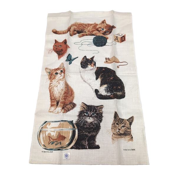 VTG Kay Dee Linen Kitchen Tea Towel Cats Kitten Breeds R. Batchelder Signed NWT - Picture 1 of 15
